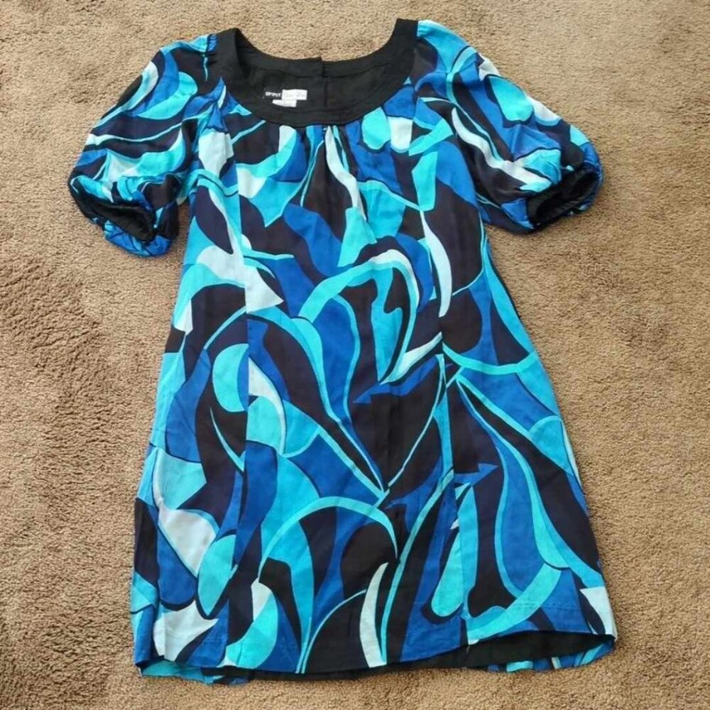Simply Chloe Dao Silk Dress Sz Medium Babydoll Minidress Puffed Sleeve Artsy Blu